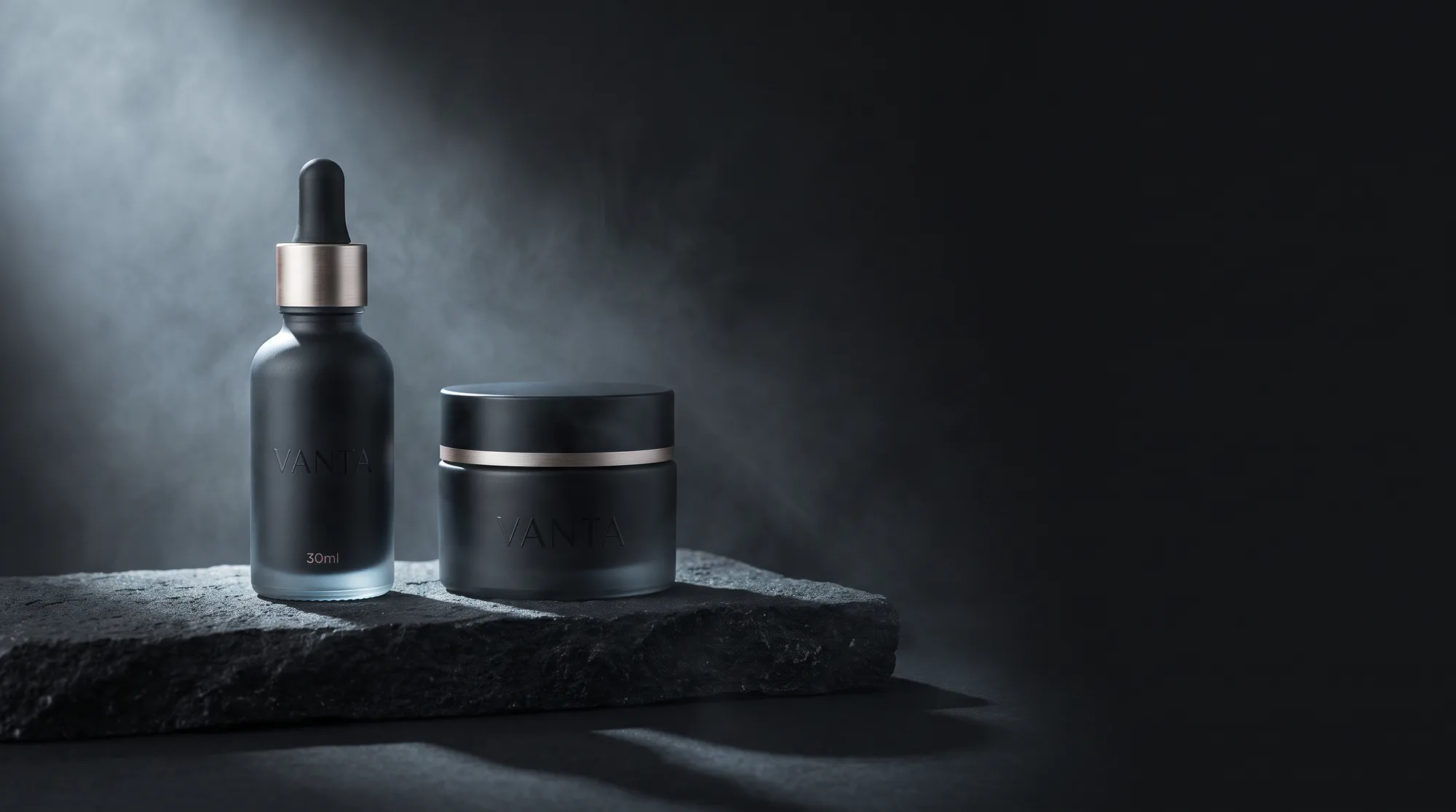 The Vanta collection, arranged on dark stone